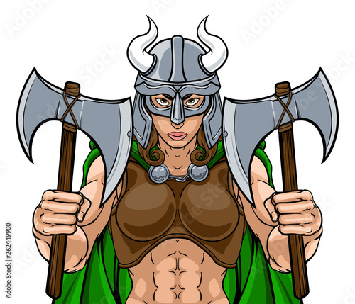 Viking female warrior woman sports team mascot cartoon character