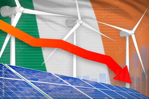 Ireland solar and wind energy lowering chart  arrow down - renewable natural energy industrial illustration. 3D Illustration