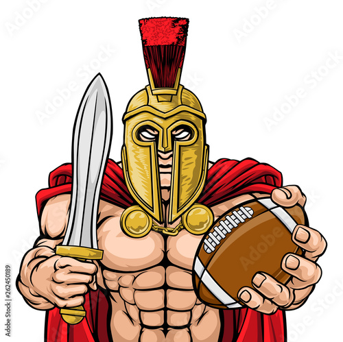 A Spartan or Trojan warrior American football sports mascot holding a ball