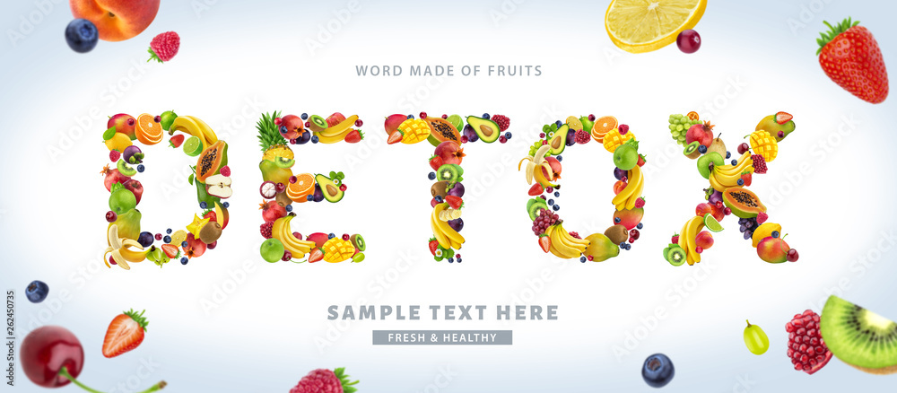 Word DETOX made of different fruits and berries Word DETOX made of different fruits and berries