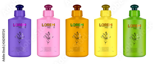 Realistic cosmetic bottles with color design on white background.  Cosmetic cream containers and tubes for cream, lotion, shampoo, gel, balsam, conditioner. 3d Vector Illustration