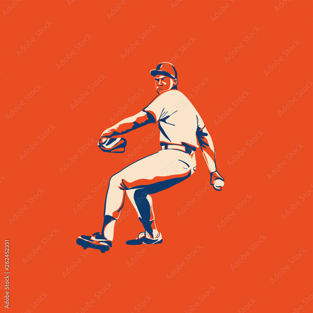 Fototapeta premium baseball player pitcher on field. Vector flat illustration
