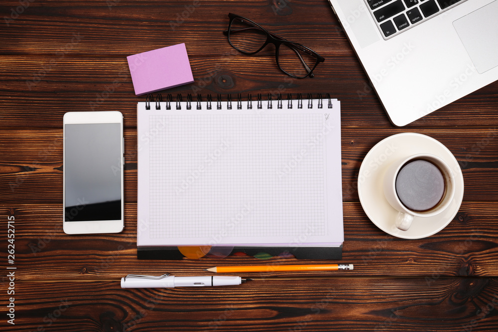 Office desk table with supplies. Flat lay Business workplace and objects. Top view. Copy space for text Office desk table with supplies. Flat lay Business workplace and objects. Top view. Copy space for text