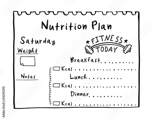 Cartoon illustration of nutrition plan. Hand drawn diet plan in doodle style for breakfast, lunch and dinner. Healthy meal concept for weight loss, calories count in kcal. Saturday Diet diary planner.