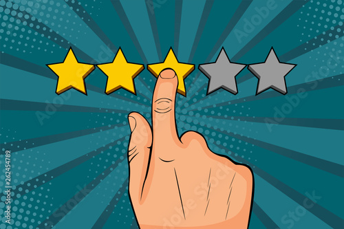 Man points finger at the star, puts rating, recalls as a golden stars. Colorful illustration in pop art retro comic style