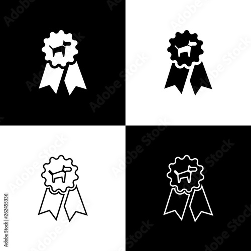 Set Dog award symbol icons isolated on black and white background. Medal with dog footprint as pets exhibition winner concept. Vector Illustration