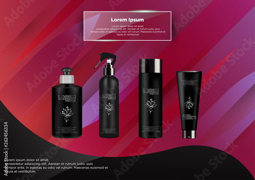 Set of realistic black package luxury cosmetic product:  tube cream, bottle with pump dispenser or spray, oil, shampoo,  gel shower and liquid soap. Vector mockup of Isolated on abstract background.