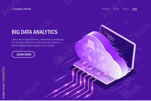 Big Data Analytics Isometric Concept. Cloud Computing. Data streaming. Editable vector illustration.