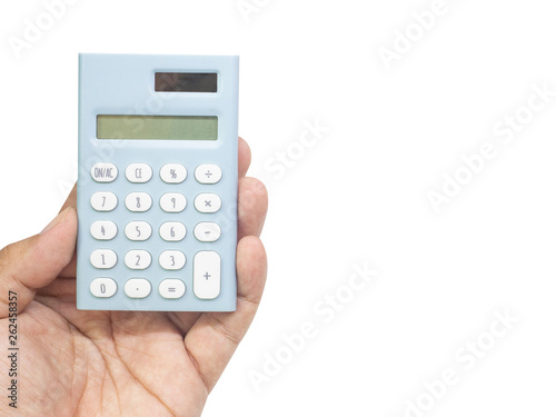Blue calculator on hand white back ground isolated image..