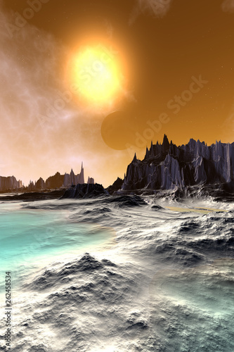 Alien Planet. Mountain and  sky. 3D rendering