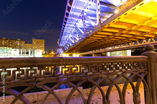 Evening view of the Dorogomilovsky bridge across the Moskva river, Moskow, Russia