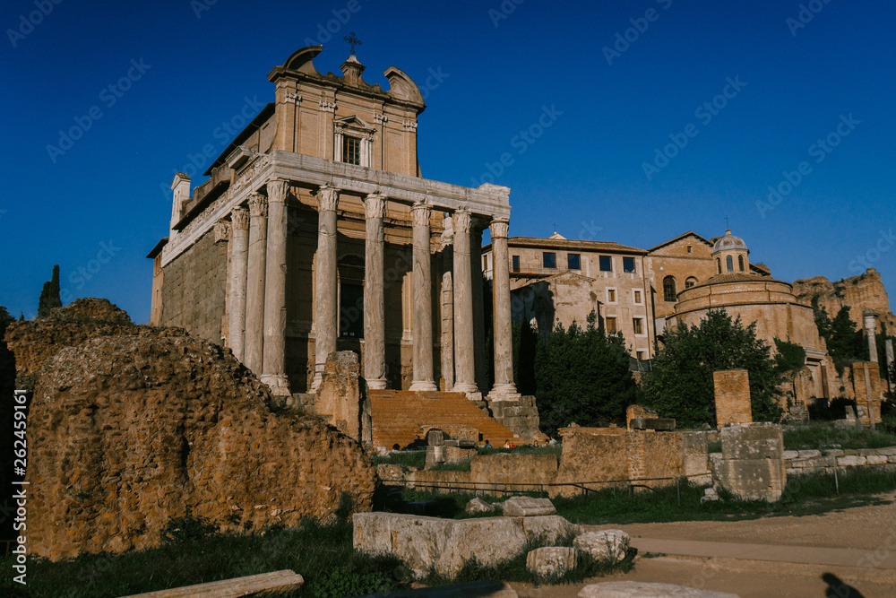 ROME, ITALY - 12 SEPTEMBER 2018: The temple of Antonin and Faustina in the Roman forum