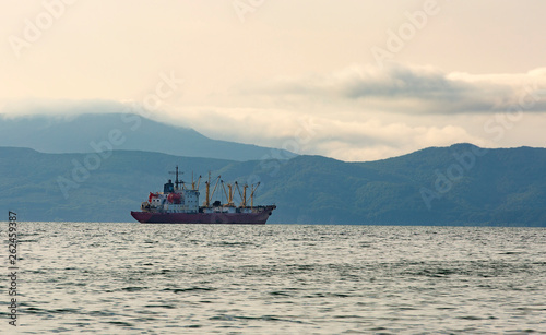 fishing boat in gray morning on Pacific ocean off the coast of the Kamchatka Peninsula © bborriss