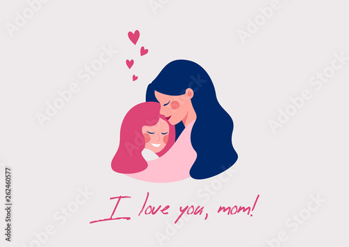 Vector greeting card for Happy Mother's day of Cute young mother embracing her daughter with love.