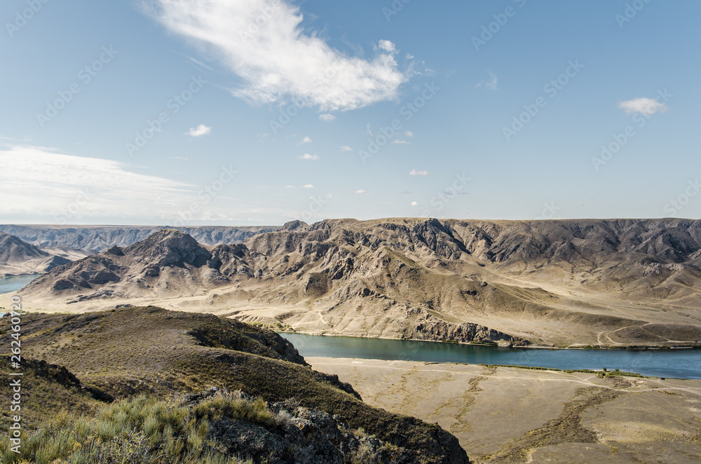 River among beautiful mountains and rocks on the border between Kazakhstan and China