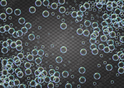 Bath bubble. Detergent soap foam and suds for bathtub. Shampoo. Bright fizz and splash. Realistic water frame and border. 3d vector illustration invite. Isolated colorful liquid bath bubble.