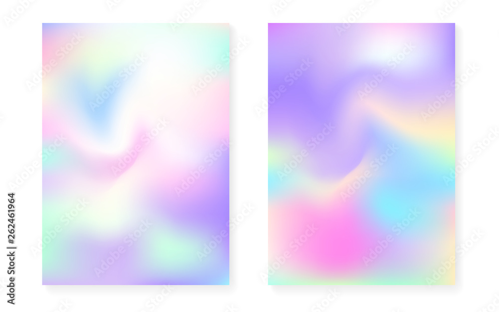 Hologram gradient background set with holographic cover. 90s, 80s retro style. Pearlescent graphic template for flyer, poster, banner, mobile app. Fluorescent minimal hologram gradient.