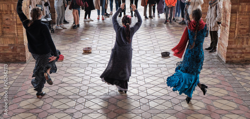 traditional spanish street falmenco dancer at the main square Plaza de Espana in Andalisia Seville Spain.