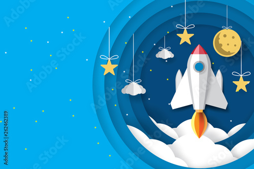 rocket ship launch to space on night scenery in paper art style