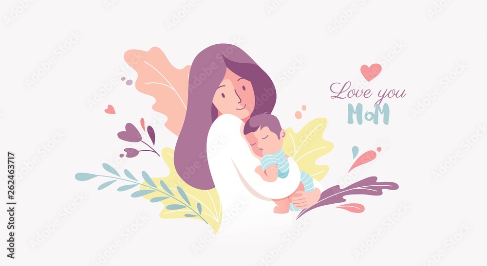 Vector Illustration Of Mother Holding Baby Son In Arms. Happy Mother`s Day Greeting Card. Vector Illustration Of Mother Holding Baby Son In Arms. Happy Mother`s Day Greeting Card.