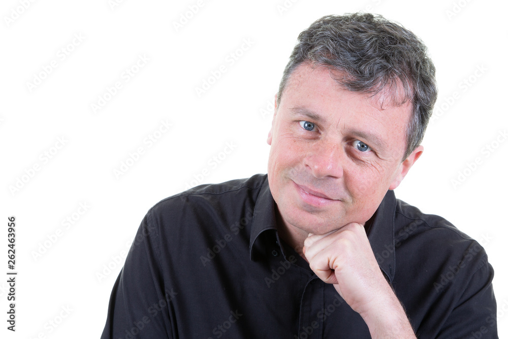 portrait of smiling handsome joyful man face hand on chin portrait of smiling handsome joyful man face hand on chin