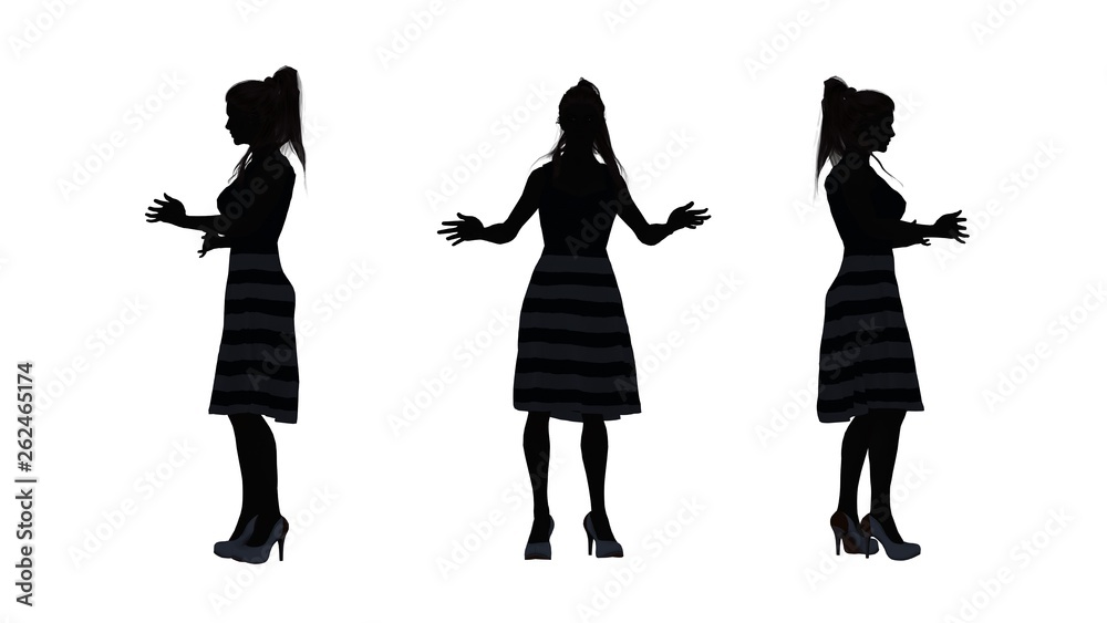 people silhouette - woman surprised - 3 different views - isolated on white background