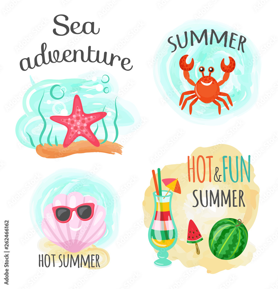 Naklejka premium Underwater animals, sea adventure and hot summer vector. Seafish and crab, seashell in sunglasses and cocktail with straw, ice cream and watermelon