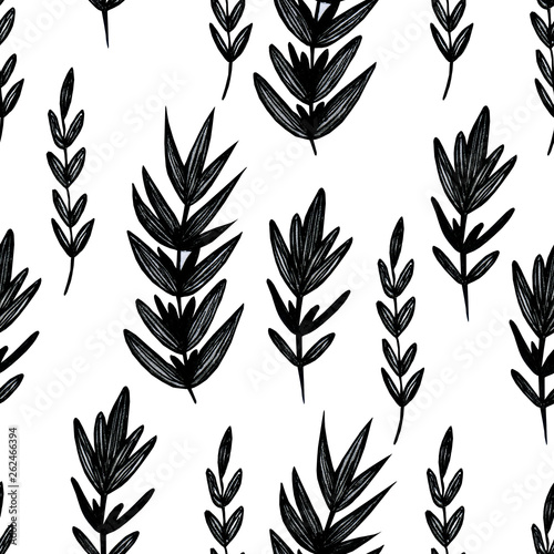  nature pattern with branches of leaves.Black and white