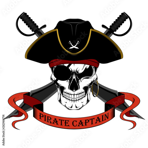 Skull of a pirate captain in a hat with swords. Color vector image on a white background.