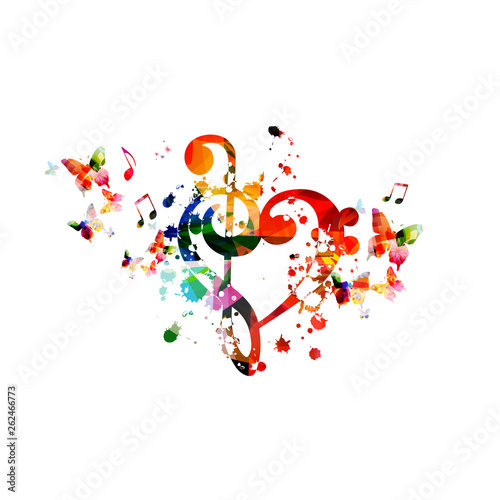 Heart shaped G-clef isolated vector illustration design. Colorful music background with butterflies. Artistic music festival poster, live concert events, party flyer, music notes signs and symbols