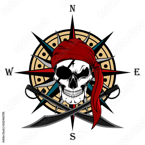 Skull of a pirate in a red bandana with swords and a rose of winds. Color vector image on a white background.