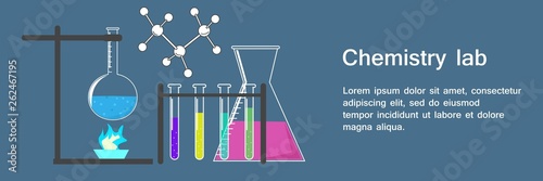 Banner Chemistry Lab with Text and Flasks and Beakers Full of Different Substance, Test Laboratory, Chemical Education on Dark Blue Background Vector Illustration