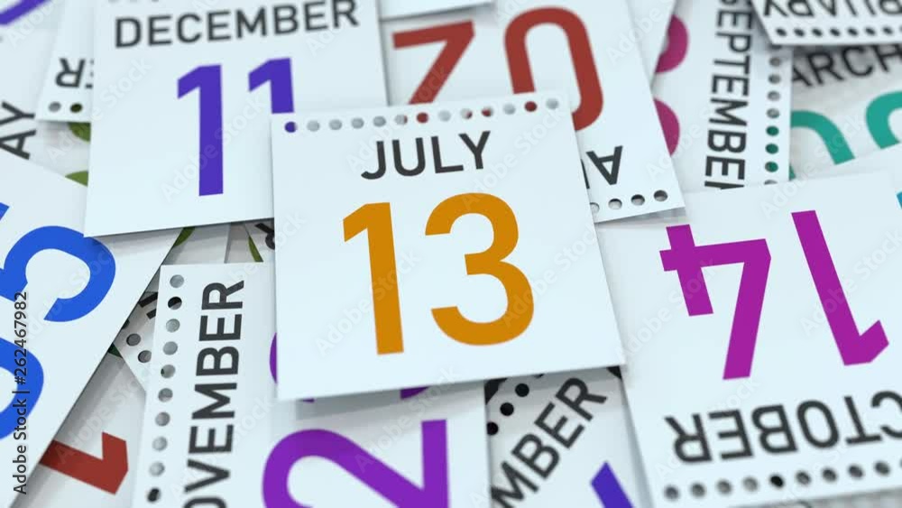 Calendar page shows July 13 date, 3D animation Calendar page shows July 13 date, 3D animation