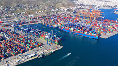Aerial drone photo of industrial container terminal in commercial port of Piraeus, Perama, Attica, Greece