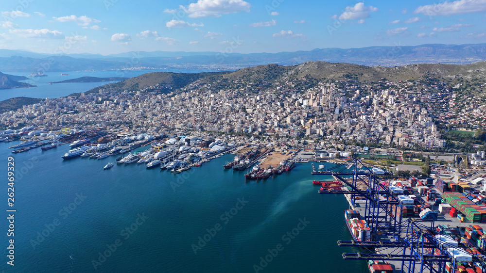 Fototapeta premium Aerial drone photo of industrial container terminal in commercial port of Piraeus, Perama, Attica, Greece
