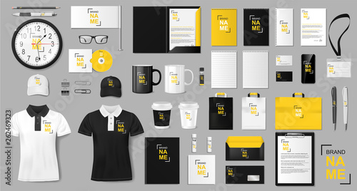 Corporate identity template design. Realistic golden and black Business Stationery mockup for shop. Stationery and uniform, paper pack, package for your brand. Vector illustration photo