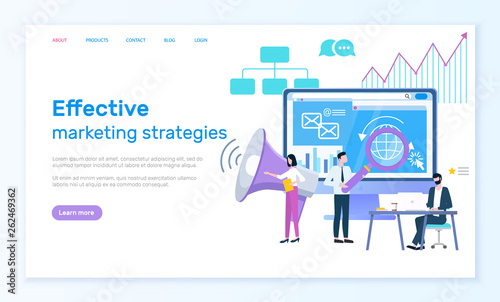Effective marketing strategies online web page vector. Internet search and computer, magnifier and loudspeaker, market estimation and business promotion