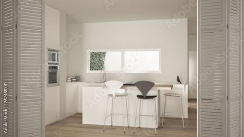 White folding door opening on modern white kitchen with island, stools, ribbon window and parquet floor, white interior design, architect designer concept, blur background
