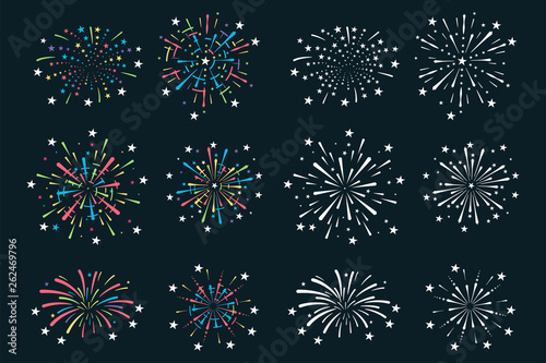 Colorful fireworks vector cartoon set isolated on background.