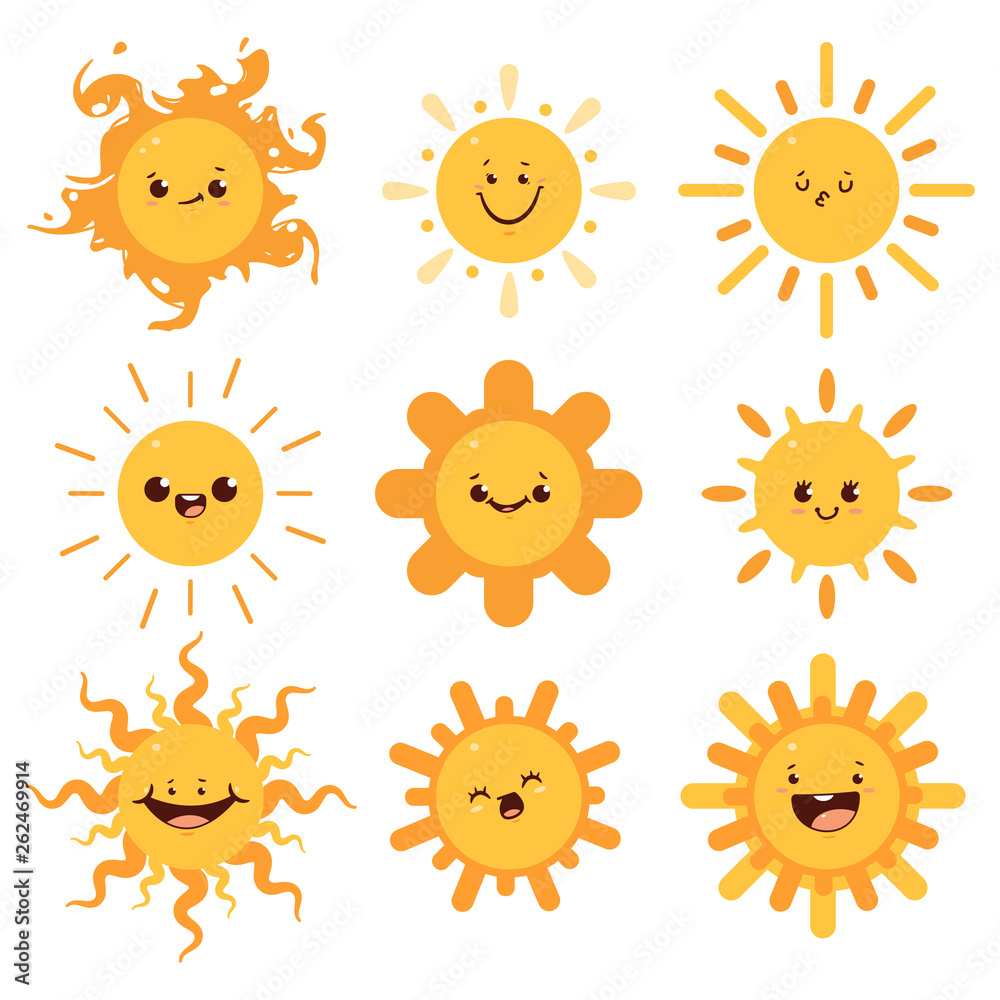 Cute sun with different emotions. Vector cartoon flat funny characters set isolated on white background. Cute sun with different emotions. Vector cartoon flat funny characters set isolated on white background.