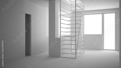 Total white project draft of minimalist living room, kitchen and white modern staircase with wooden steps, parquet floor, big window, contemporary interior design concept, architecture