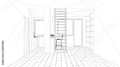 Blueprint project draft, minimalist living room with kitchen, island and stools, parquet floor, white modern metal staircase with wooden steps, interior design concept idea