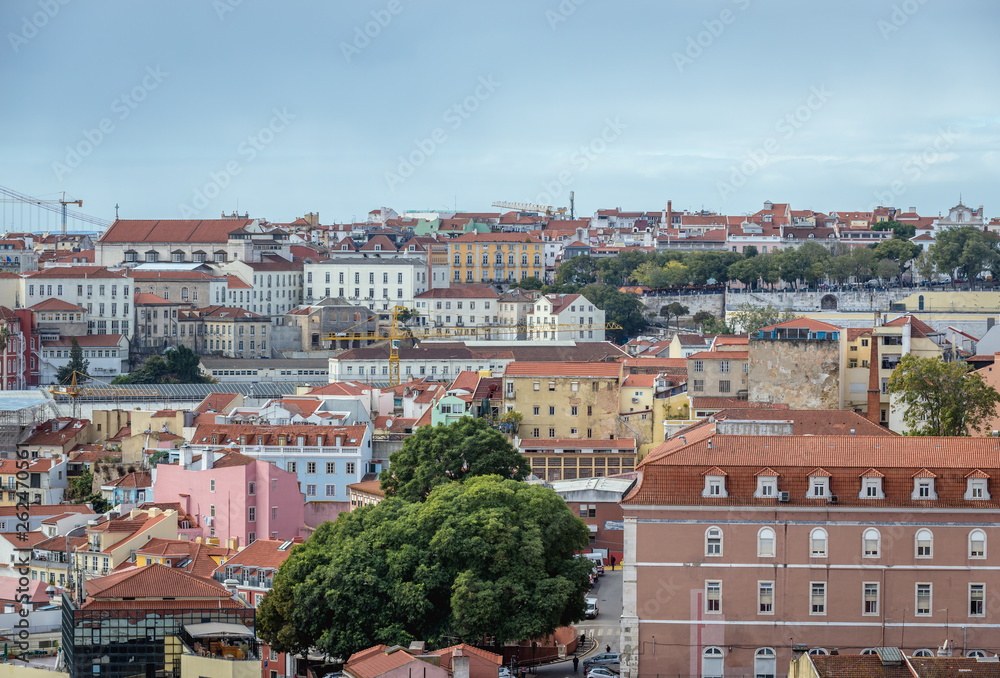 Aerial view of Lisbon cityy from Rua Damasceno Monteiro street, Portugal