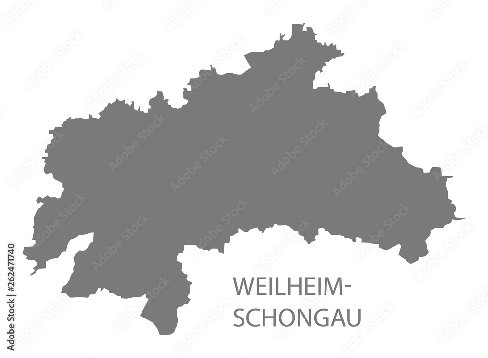Weilheim-Schongau grey county map of Bavaria Germany