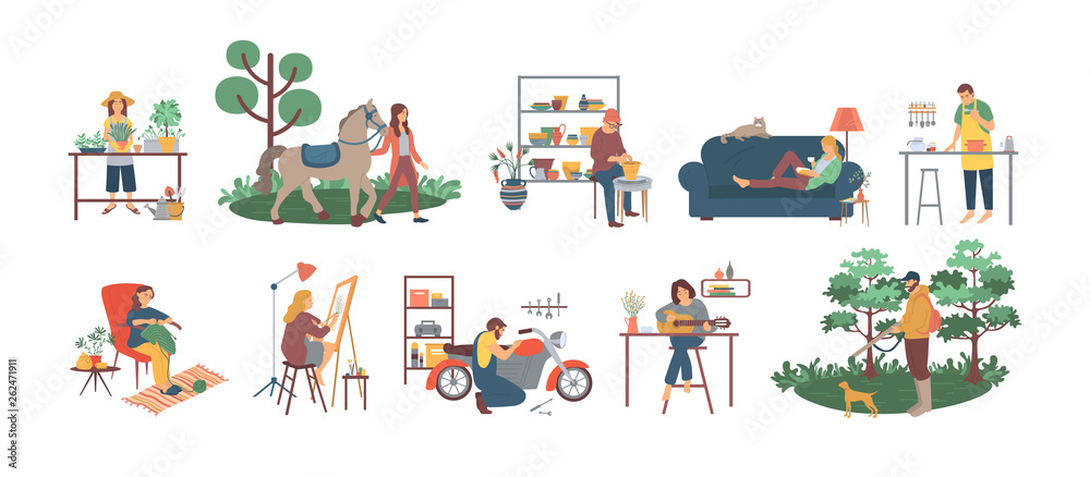 People gardening and cooking, fixing motorbikes vector. Reading books and drawing on canvas, playing guitar and caring for horses animal, men and women