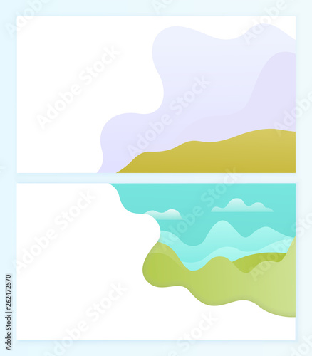 Abstract representation of horizon vector, set of blurry clear sky with clouds, lawn and green grass. Mountain with greenery and bushes in distance