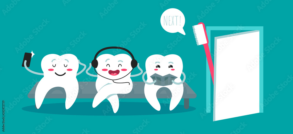Fototapeta premium Teeth on couch and toothbrush on blue background. Healthy teeth. Good morning