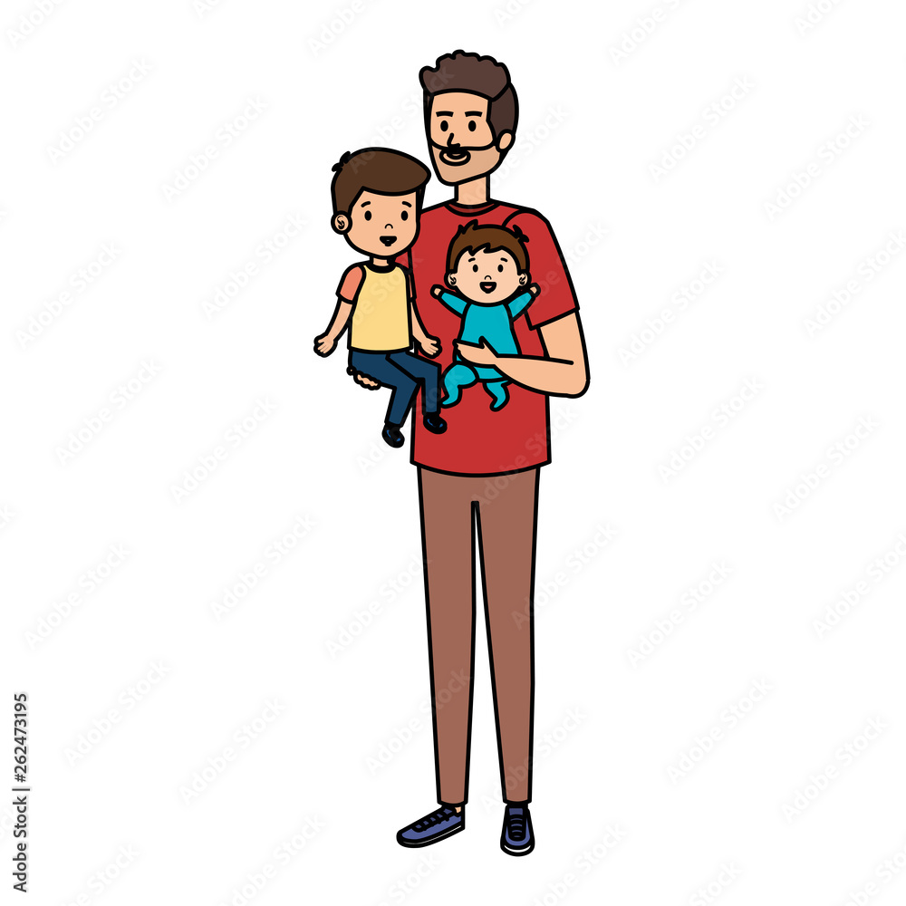 young father with son and baby characters