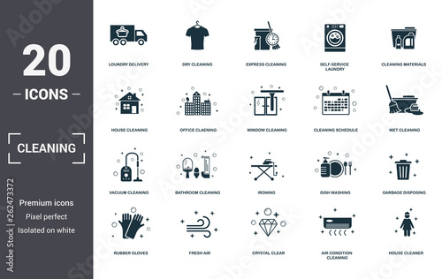 Cleaning set icons collection. Includes simple elements such as Loundry Delivery, Dry Cleaning, Express Cleaning, Self-Service Laundry, Cleaning Materials, Bathroom Cleaning and Ironing premium icons