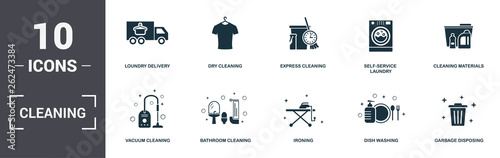 Cleaning set icons collection. Includes simple elements such as Loundry Delivery, Dry Cleaning, Express Cleaning, Self-Service Laundry, Cleaning Materials, Bathroom Cleaning and Ironing premium icons